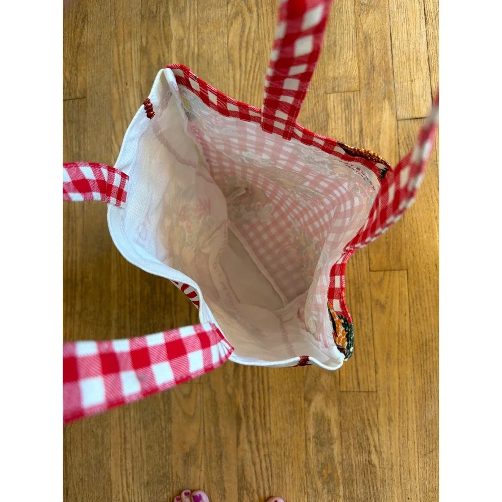 Tory Burch Fruits Du Marche Canvas Tote Bag Limited Edition Plaid Gingham Picnic